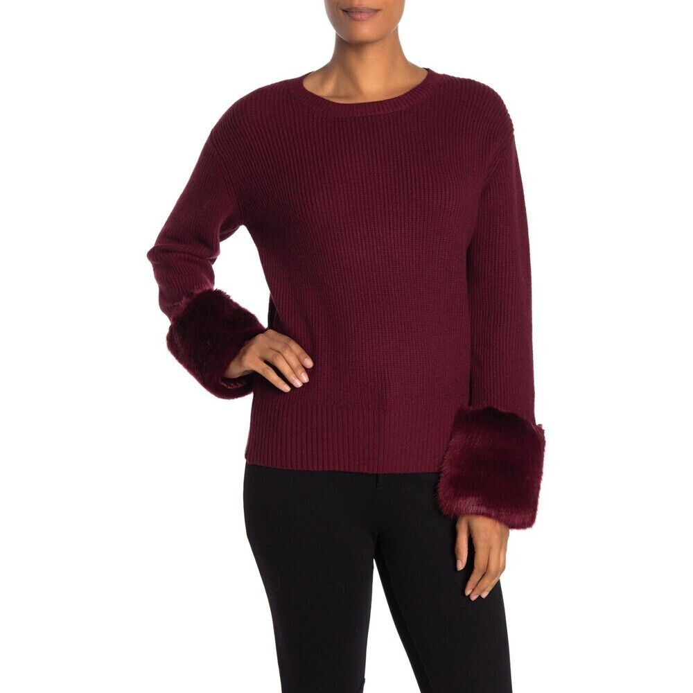 Love Token Women's Faux Fur Cuff Knit Long Sleeve Sweater In Wine Size S $180